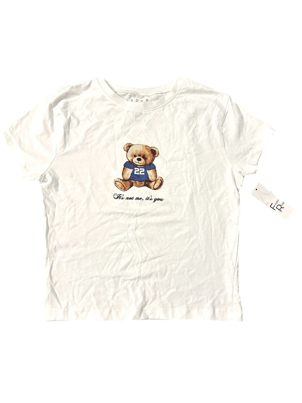 Faded Rose White Teddy Bear Cropped T Shirt Small NWT